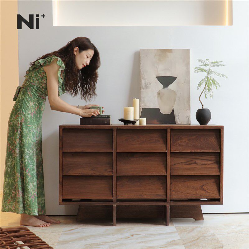 Ni尼家小户型边柜实木九斗柜中古风玄关柜浅胡桃木色客厅储物柜子