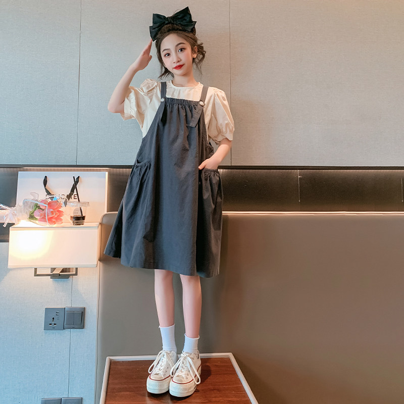 女童连衣裙夏装短袖洋气背带裙套装2023新款儿童时髦童装两件套潮