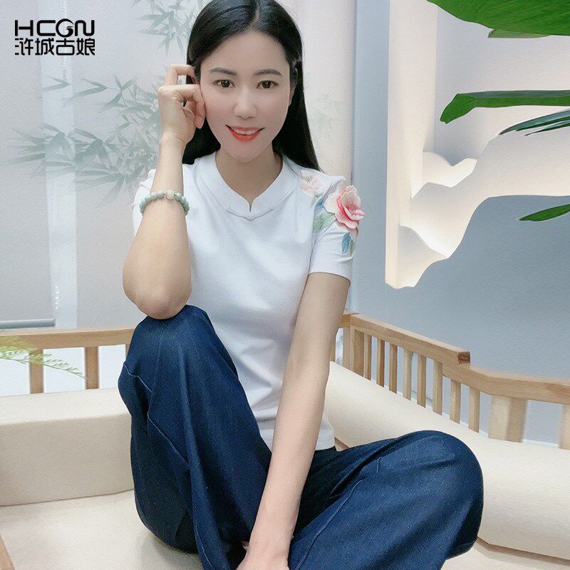 夏季轻薄长裤亮丝磨白宽松舒适松紧腰裤子透气百搭女阔腿裤牛仔裤