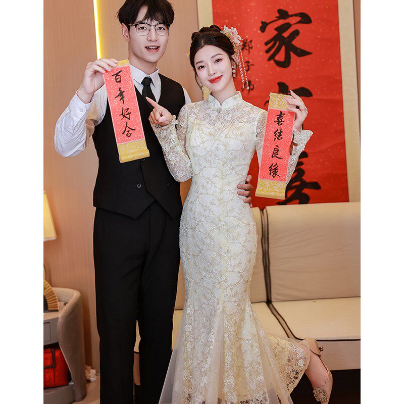 白色新中式旗袍订婚礼服鱼尾裙2024新款长袖轻婚纱敬酒服新娘秋冬