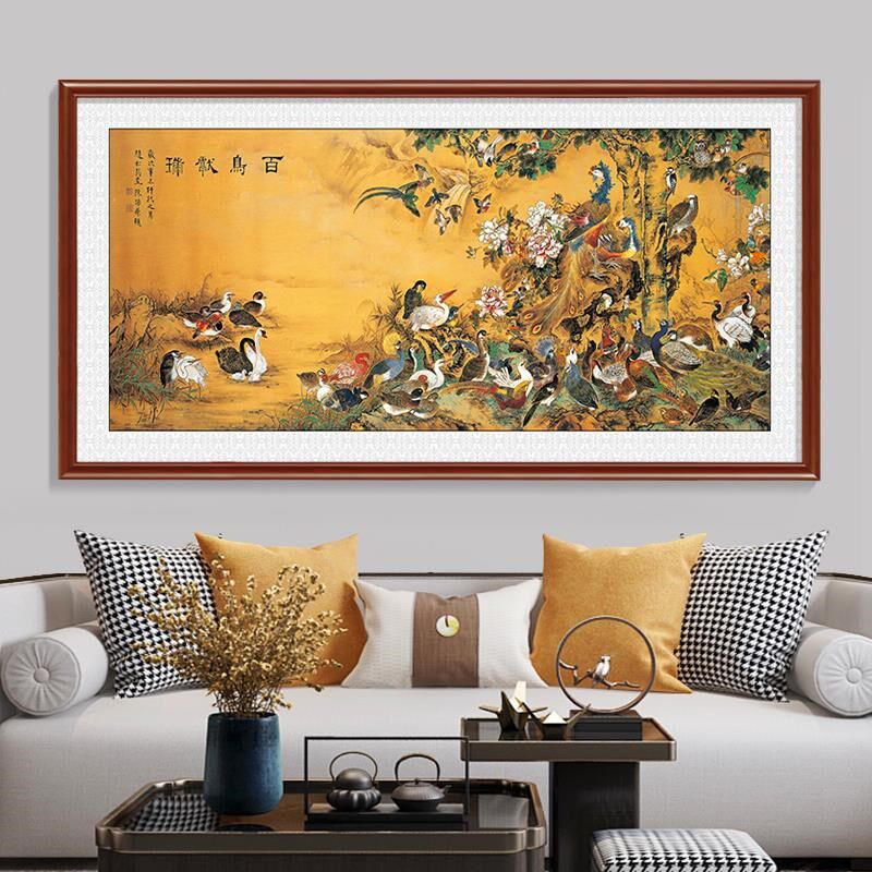 网红百鸟朝凤图客厅装饰发画新式沙背景墙孔雀壁画中富贵牡丹花挂