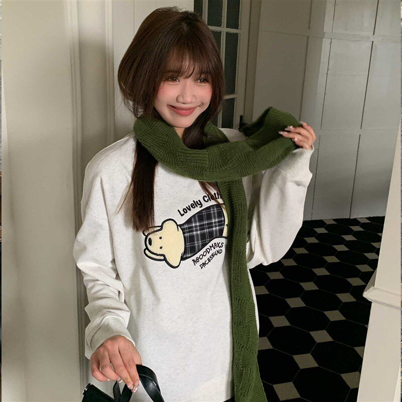 AGXS秋冬新款格子小狗贴布毛巾绣圆领套头卫衣长袖宽松美式上衣