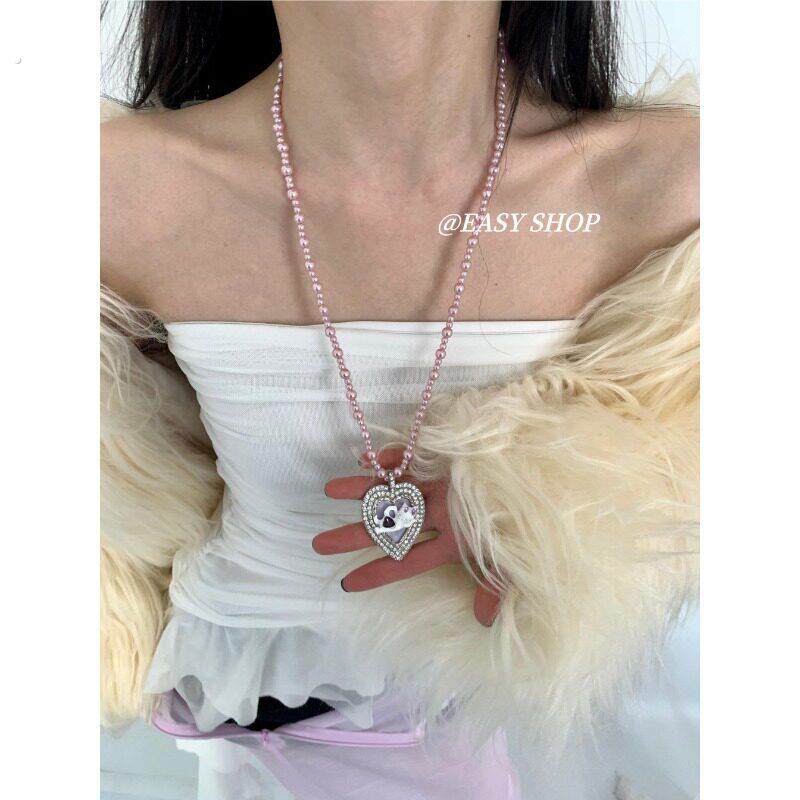 韩系千禧百搭猫咪珐琅紫色珍珠项炼女轻奢小众长款毛衣炼项炼颈饰