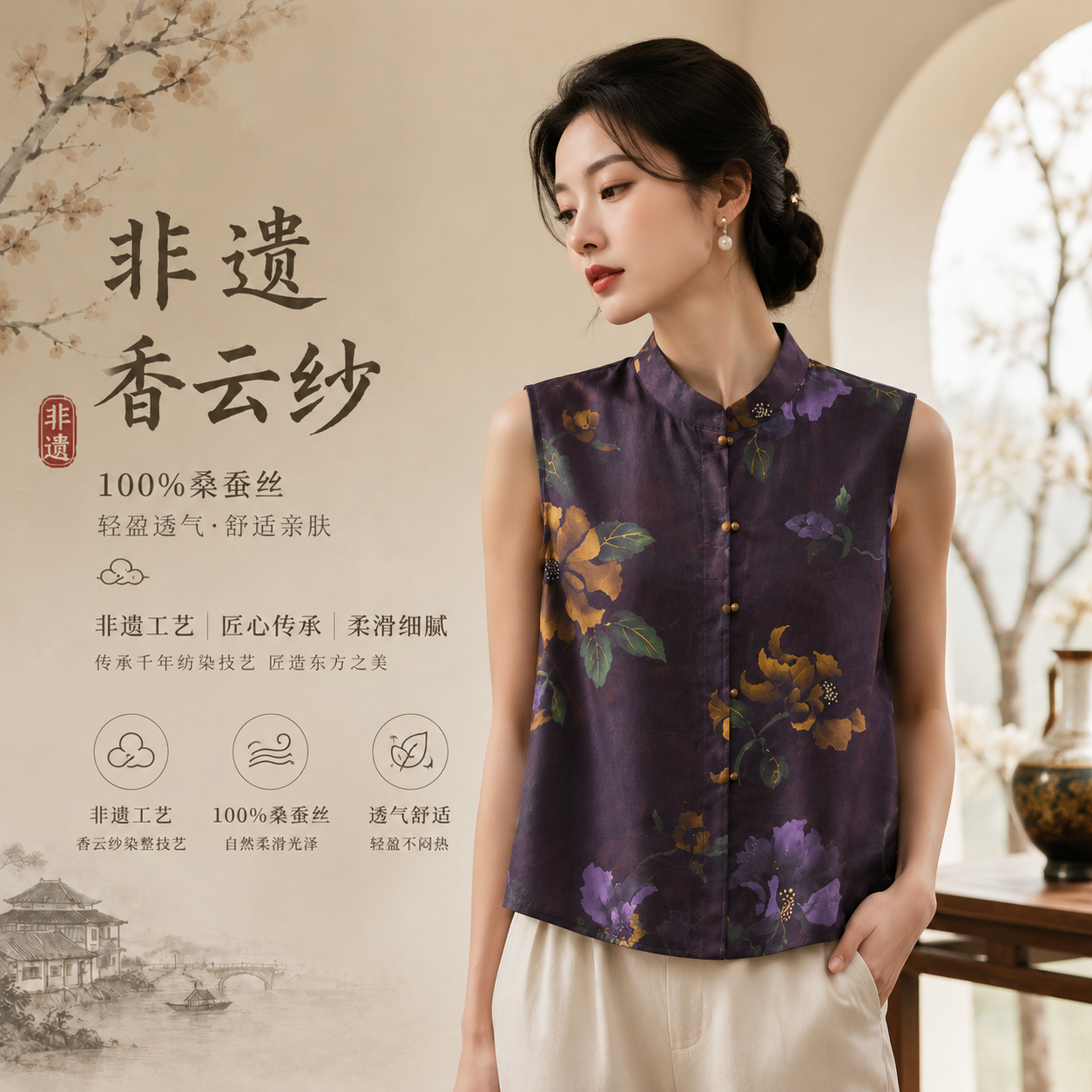 【米儿甄选】织月司桑蚕丝香云纱新中式紫色外穿马甲W8117-5紫薇