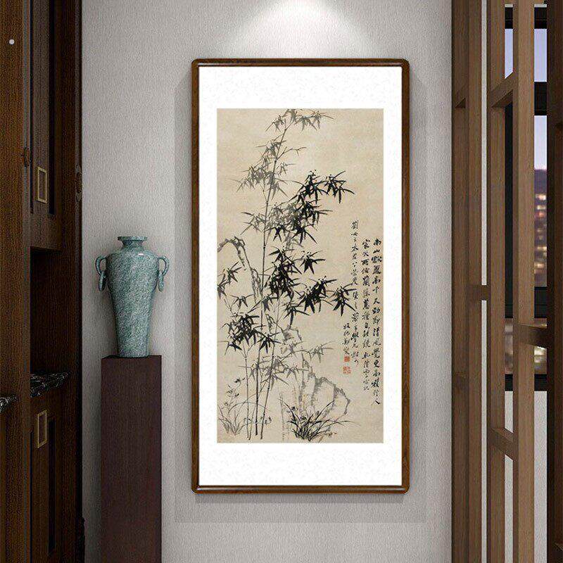 郑板桥竹石兰蕙图国画竹子写意水墨画中式客厅装饰画玄关竖版挂画