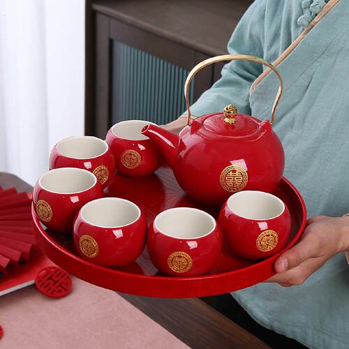 中式订婚红色新娘改口敬茶杯提梁茶壶结婚庆功夫茶具套组托盘礼盒