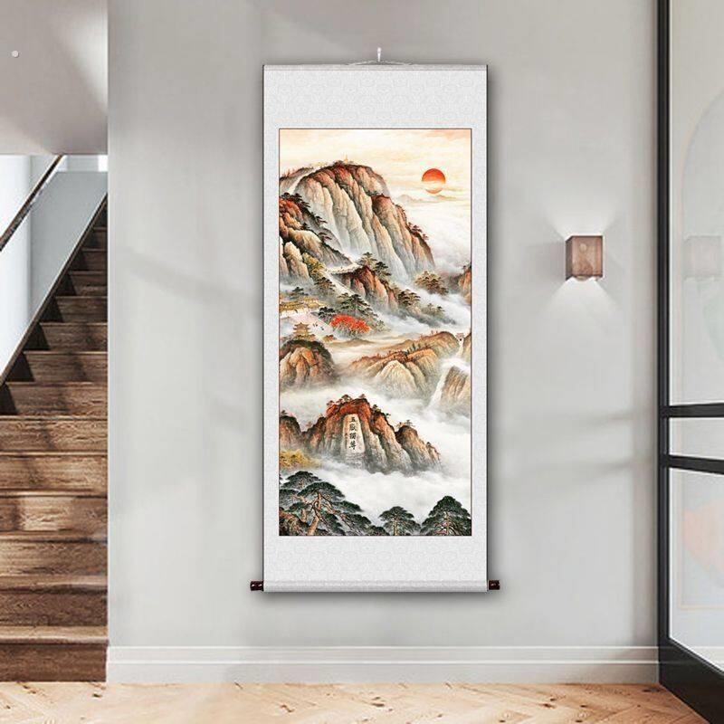 东墙聚财山水画墙画遮丑墙画贴纸大张璧墙画客厅挂画中式青绿山水