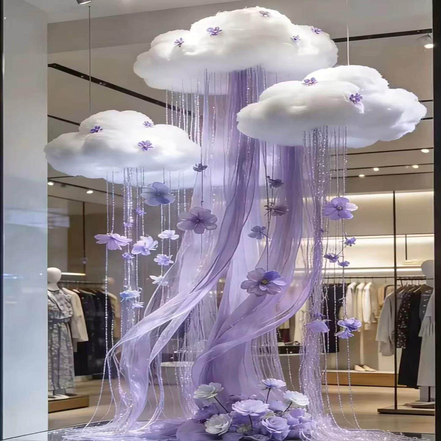 服装店橱窗装饰布置紫色云朵装扮套餐服装店装饰商场活动氛围