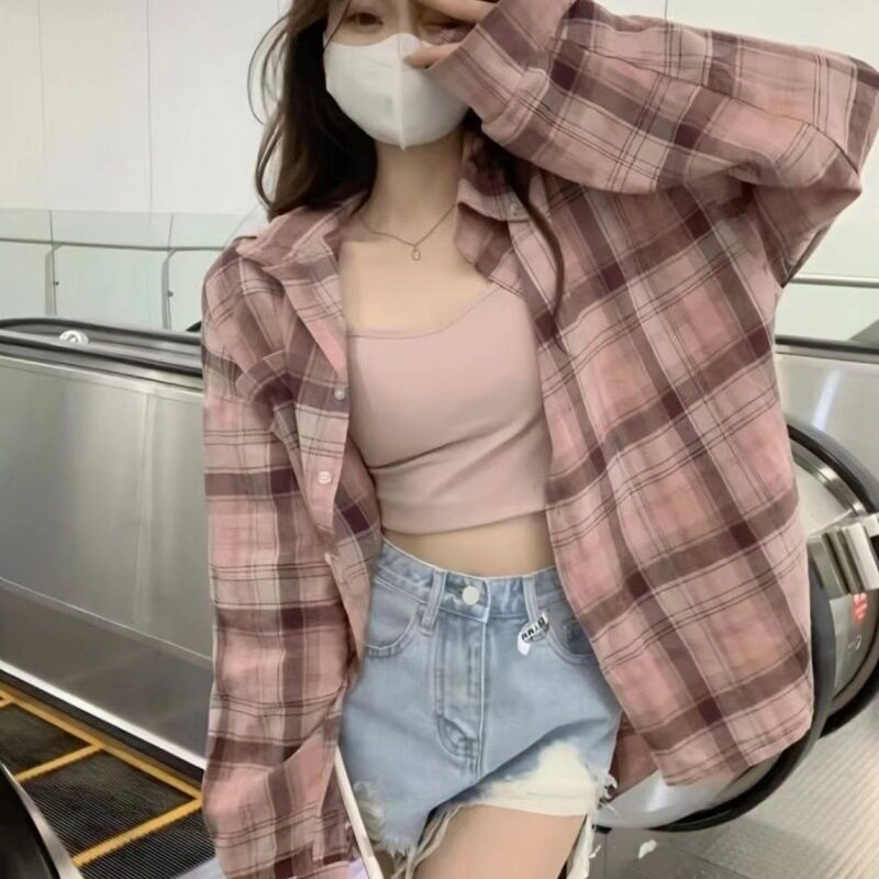 宽松粉色POLO领格子衬衫外套女装2026年早秋季新款中长款长袖上衣