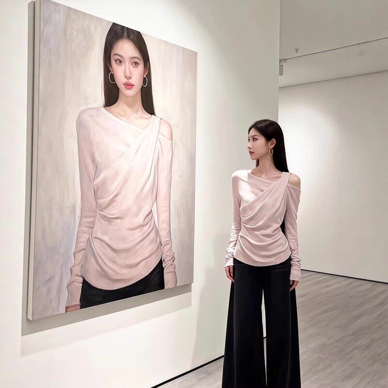 人棉罗纹韩系露肩假两件长袖t恤女2026春季新款修身收腰打底上衣