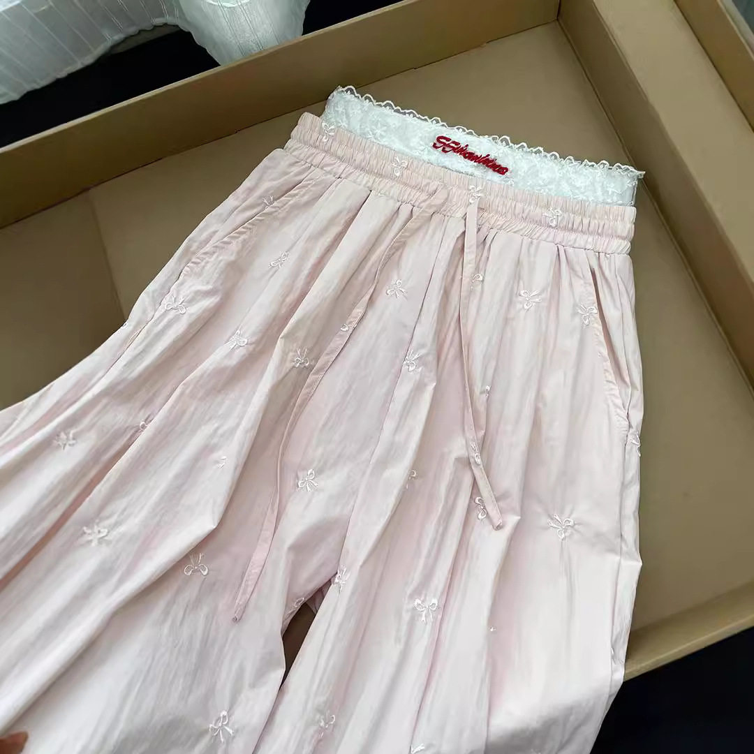 蝴蝶结刺绣粉色休闲裤子女夏季薄款慵懒松弛感原宿风直筒阔腿长裤