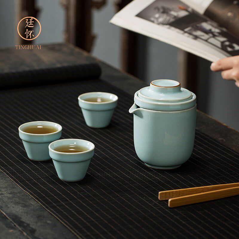 廷怀窑汝窑快客杯陶瓷功夫茶具一壶四杯 便携旅行茶具组