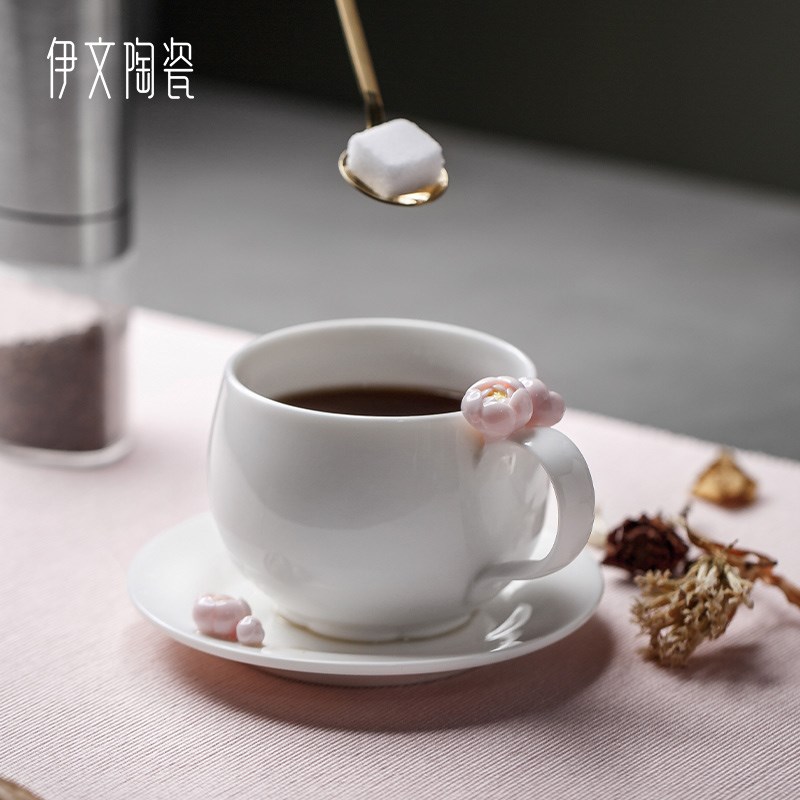 陶瓷咖啡杯杯碟套装白瓷杯子高档精致高级感轻奢下午茶拿铁咖啡杯