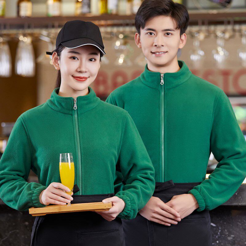 服务员工作服长袖双面绒卫衣烧烤火锅店食堂餐厅工作服外套秋冬装