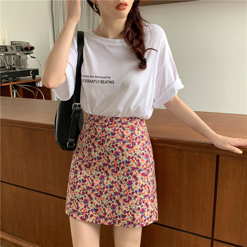 大码胖MM温柔风雏菊碎花裙女小个子半身短裙显瘦高腰紫色油画裙子