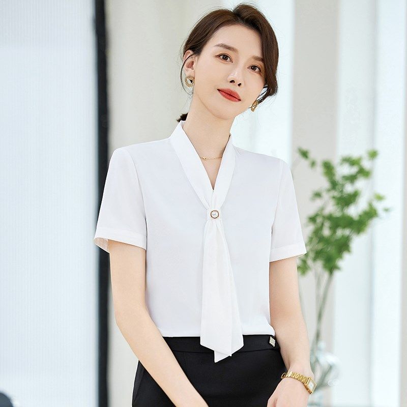 飘带领衬衫女短袖夏季薄款气质工作服高级感职业套裙套头雪纺上衣