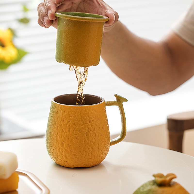 创意陶瓷带盖马克杯办公室茶水分离茶杯过滤水杯橘子杯子泡茶杯小
