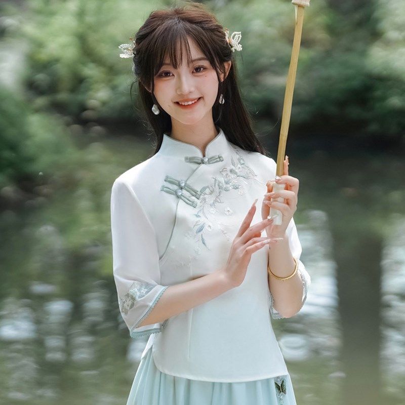 新中式民国风日常汉服套装少女学生改良旗袍上衣雪纺半身裙茶艺服