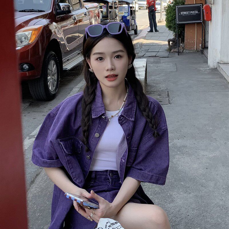 XIAOANQI美式街头牛仔短袖外套半身裙套装复古港风裙子紫色a字女