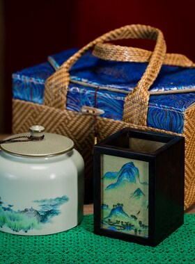 湘传礼纯手工湘绣双面绣笔筒蓝色藤编春节庆典茶礼盒套装