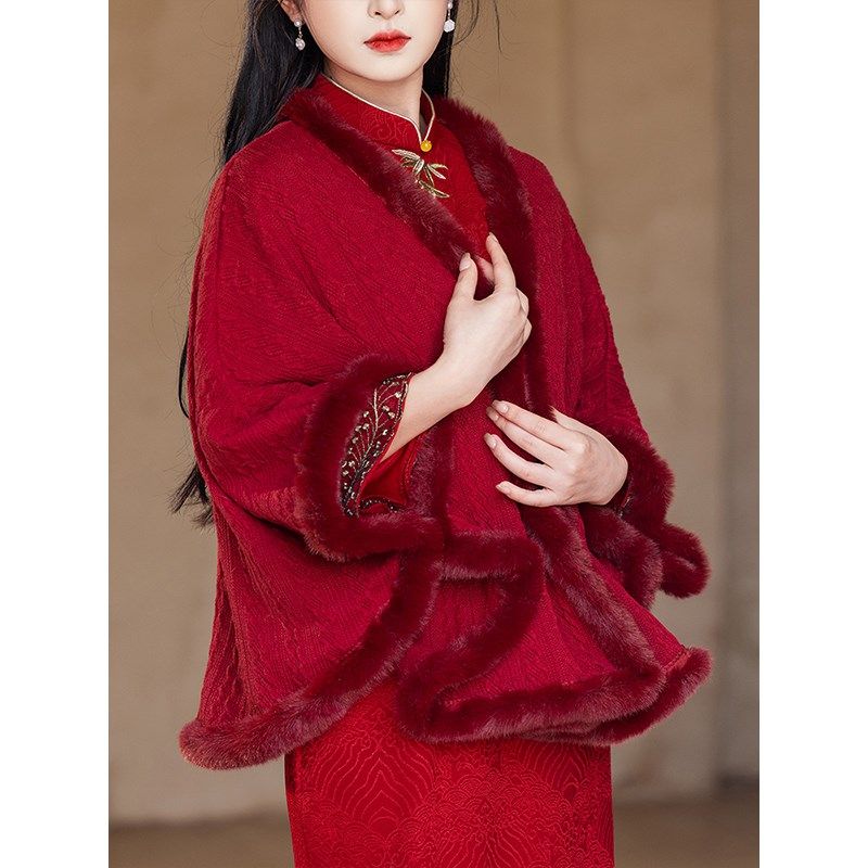 红色披肩搭配旗袍女外搭秋冬敬酒服新娘结婚订婚礼服外套百搭斗篷
