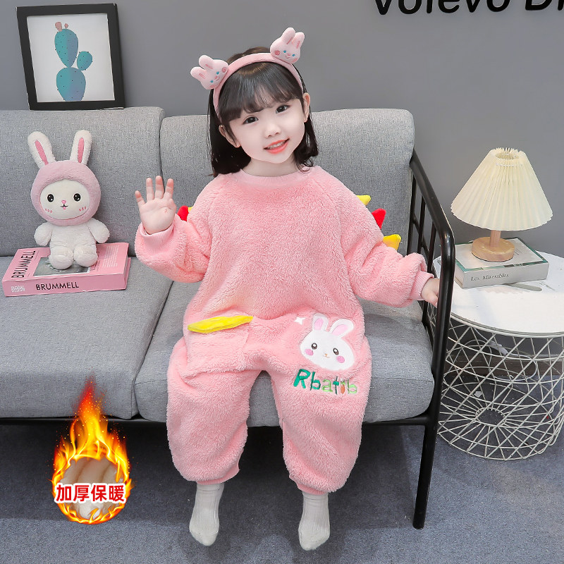 女童法兰绒连体睡衣秋冬装宝宝加绒加厚珊瑚绒睡袋爬服儿童家居服