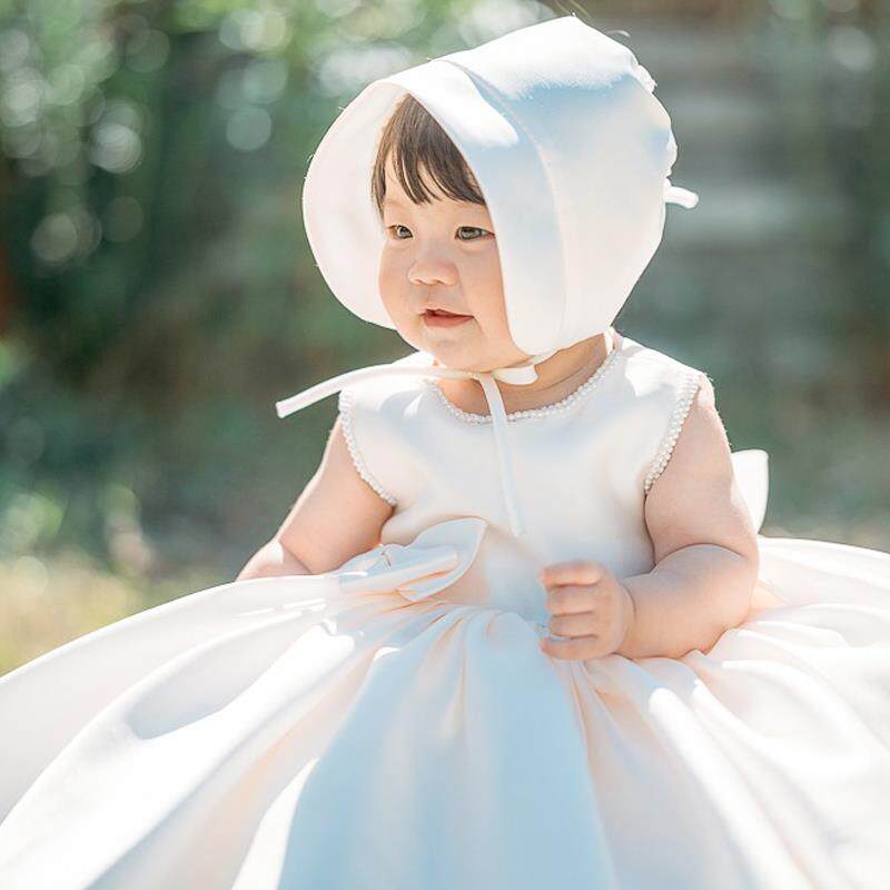 女童周岁宴礼服女宝宝婴儿轻奢洋气抓周缎面白色公主裙花童晚礼服
