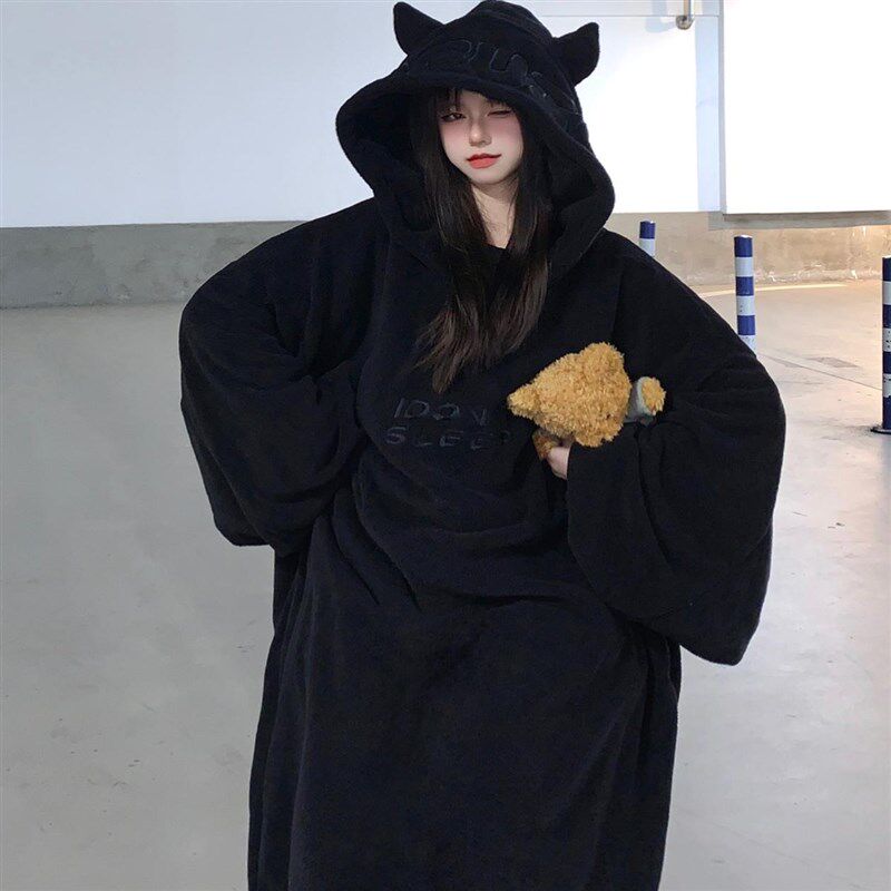 小恶魔睡袍女秋冬季新款长款珊瑚绒情侣睡衣男加绒加厚家居服卫衣