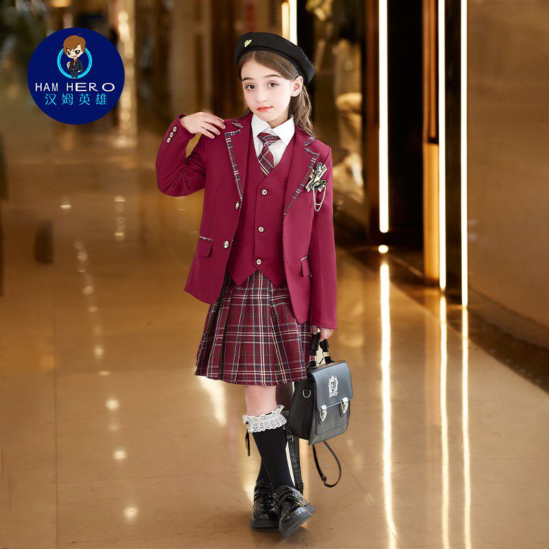 红色男女童西装马甲套装小学生校服班服长袖衬衫朗诵主持人演出服