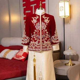 2026新款红色缎面小双龙男装秀禾服中式新郎结婚礼服唐装汉服龙凤