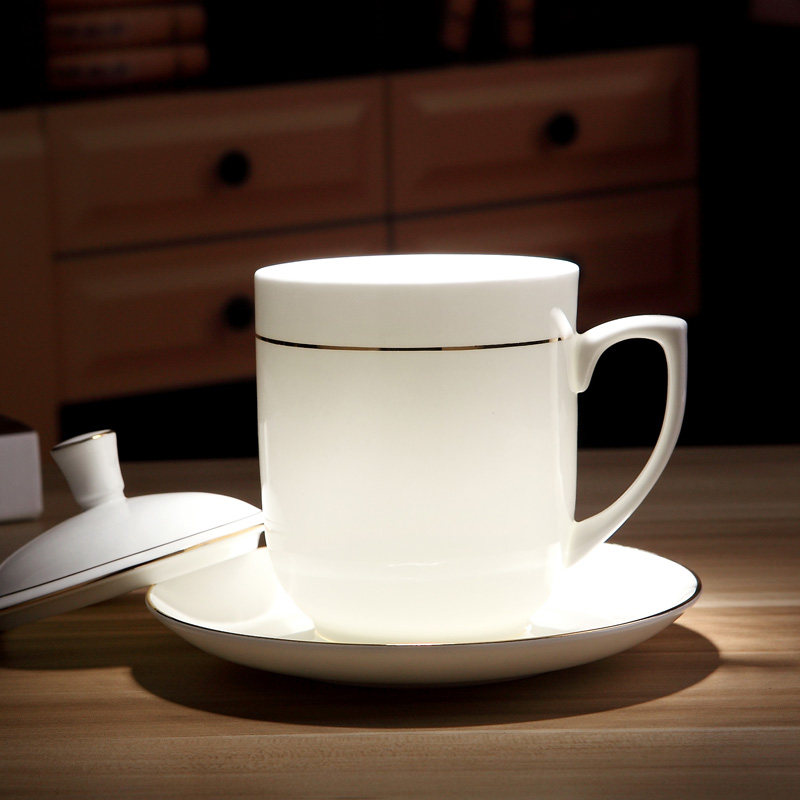 金色边骨瓷杯子茶杯陶瓷带盖办公会议室茶杯10只套装可定制logo