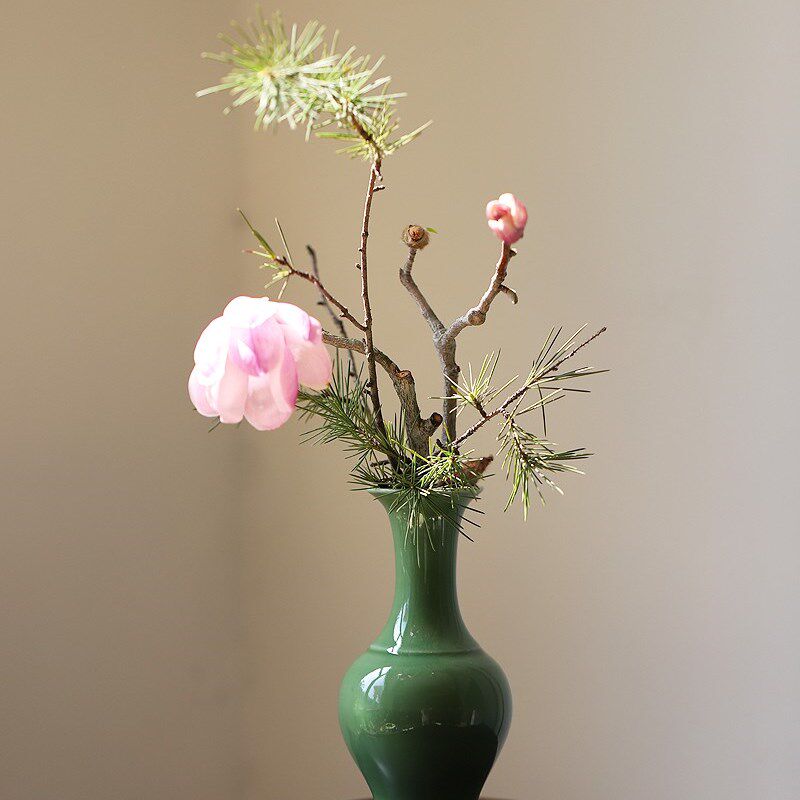 大鱼美器 陶瓷花瓶 松绿纳福瓶茶席花插纯手工小号餐桌民宿花器皿