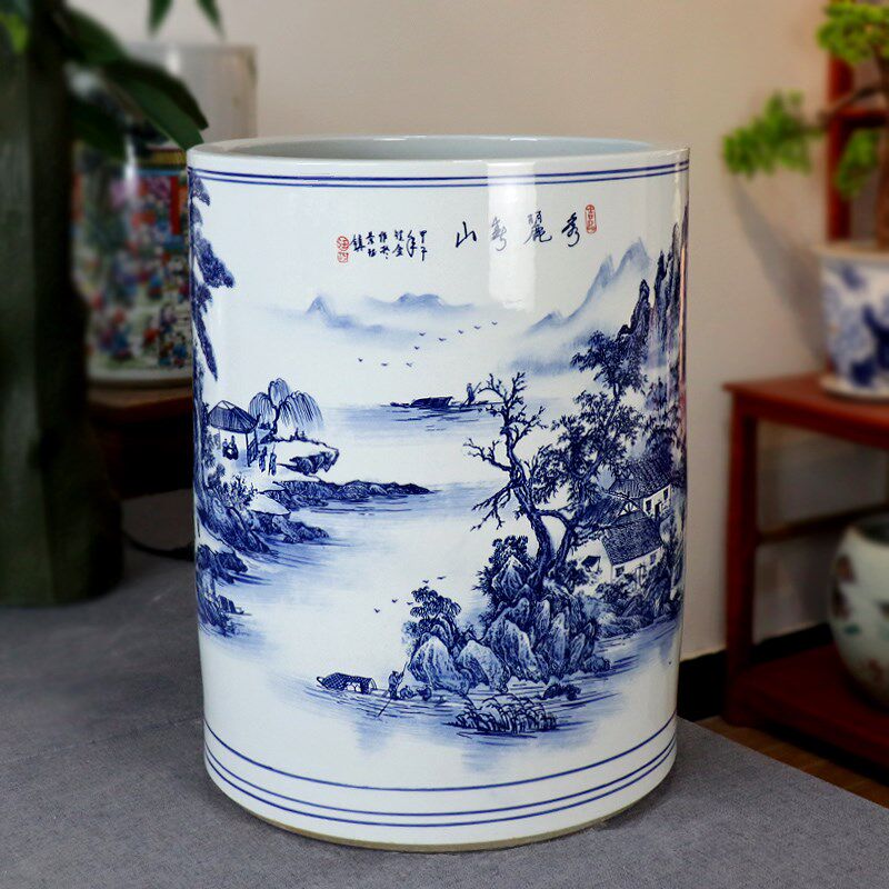 景德镇陶瓷器青花瓷山水箭筒书画筒书房收纳客厅中式种树种花花盆