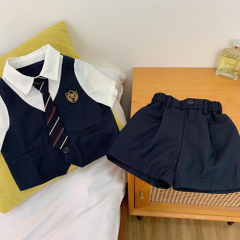 JK制服童装学院风假两件套装夏季儿童时髦短袖衬衫男童西裤短裤