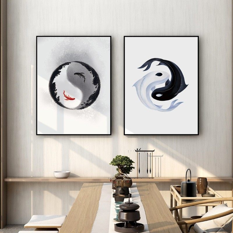 定做太极图挂画阴阳鱼新中式禅意装饰画茶室抽象玄关背景墙壁画
