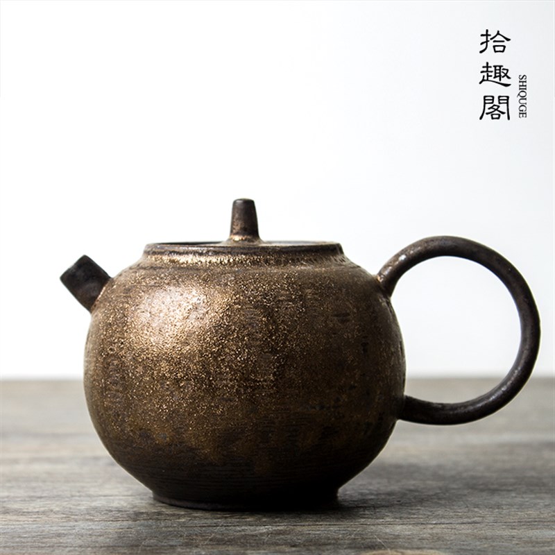 日式粗陶茶壶茶具鎏金釉茶器手工陶瓷壶复古泡茶功夫茶急需壶小壶