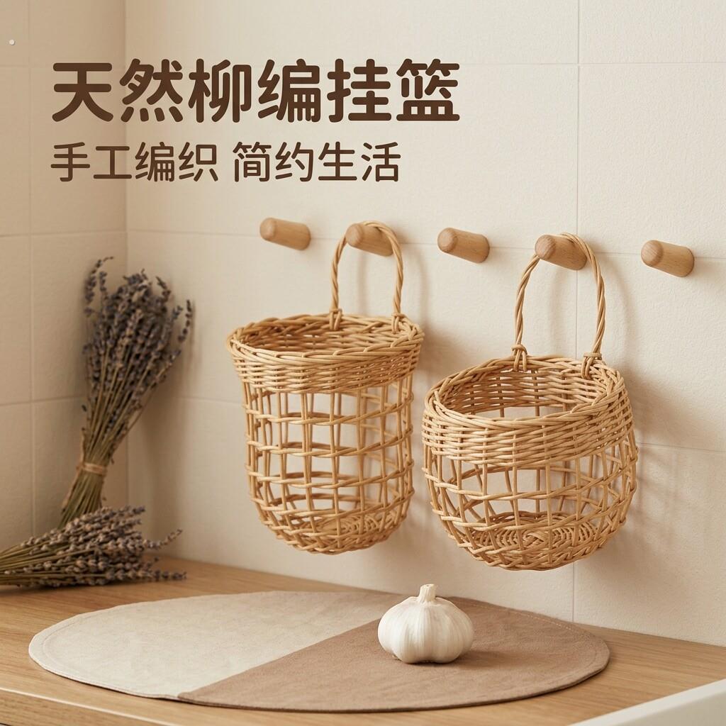田园风藤编姜蒜收纳篮杂物蓝收纳筐储物家用厨房挂式生姜大蒜挂篮