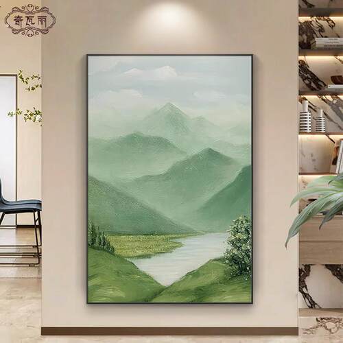 绿水青山玄关装饰画大芬村手绘油画走廊过道挂画竖版客厅风景壁画