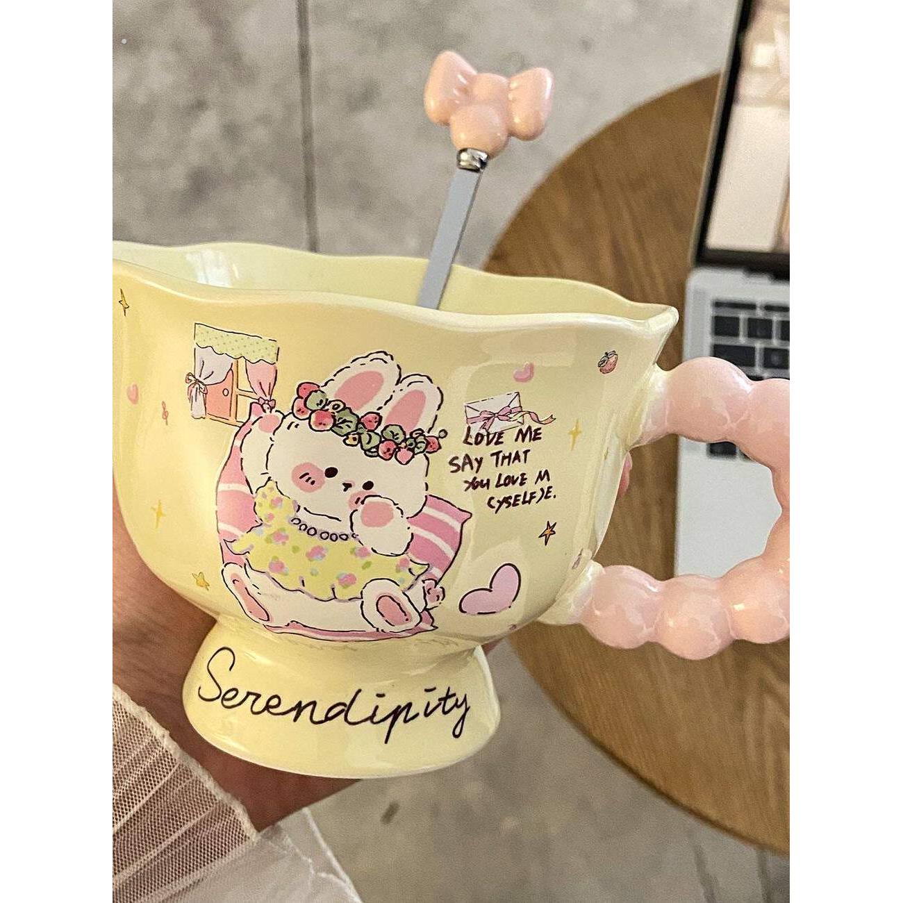 粉色可爱兔子陶瓷杯马克杯带勺高颜值水杯子女生日礼物送男女朋友