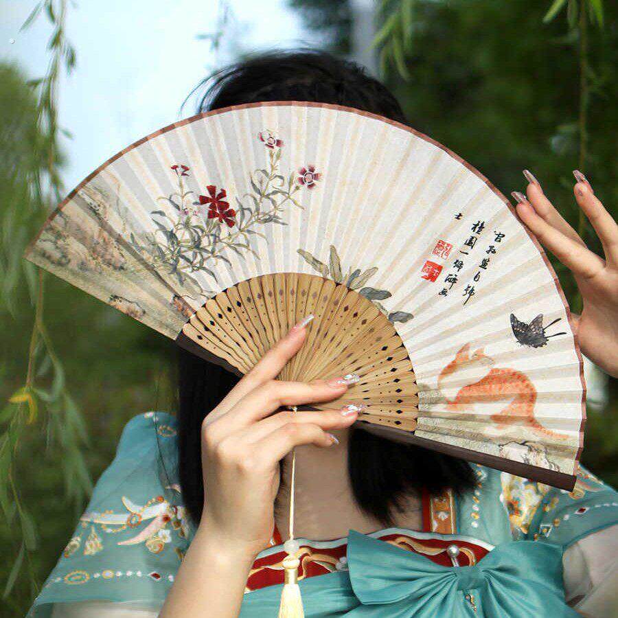 古风扇子折扇中国风夏季便携折叠复古汉服旗袍走秀舞蹈猫咪蝴蝶扇