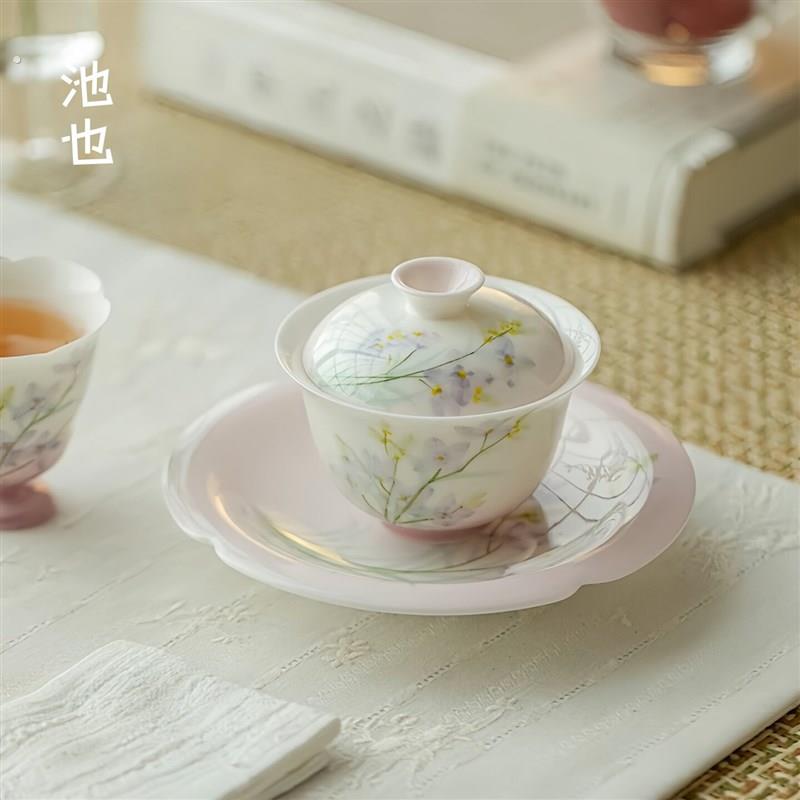 池也玉泥白瓷手绘女士高足盖碗功夫茶具釉下彩薄胎泡茶碗家用盖碗