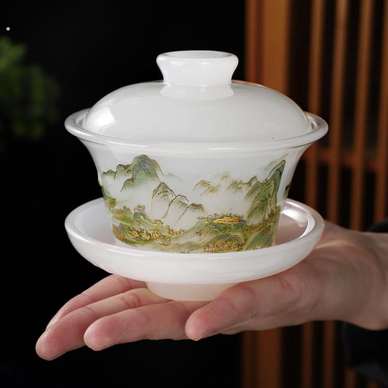 千里江山琉璃茶具套装家用盖碗轻奢功档高公室白玉办夫茶杯礼盒装