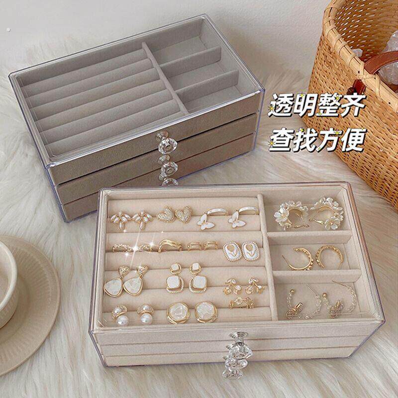 首饰品收纳盒多层透明亚克力绒布大珠宝发饰收拾项链耳环钉展示架