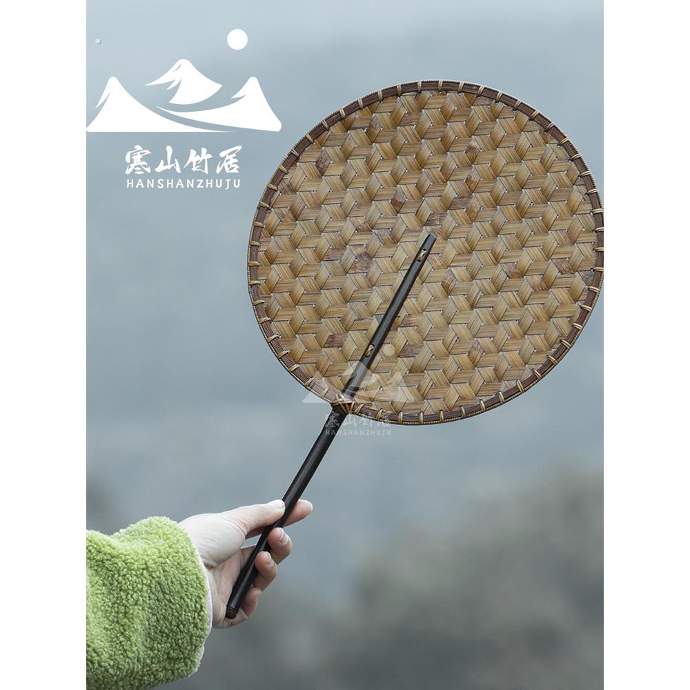 邱师傅竹木手工竹编大漆圆形扇复古长柄竹制八角扇夏季茶道扇子