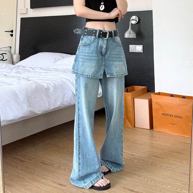 复古假两件阔腿屁帘牛仔裤女2026夏季高腰宽松垂感窄版直筒拖地裤