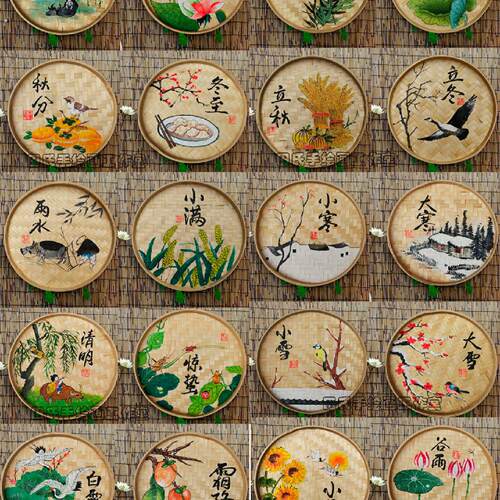 24节气竹编装饰画幼儿园手绘簸箕画墙面挂件墙壁挂饰乡村田园壁饰