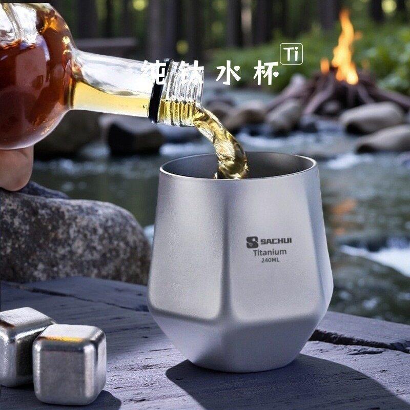 外贸纯钛双层六角个性水杯户外防烫咖啡杯露营家用水杯功夫茶杯