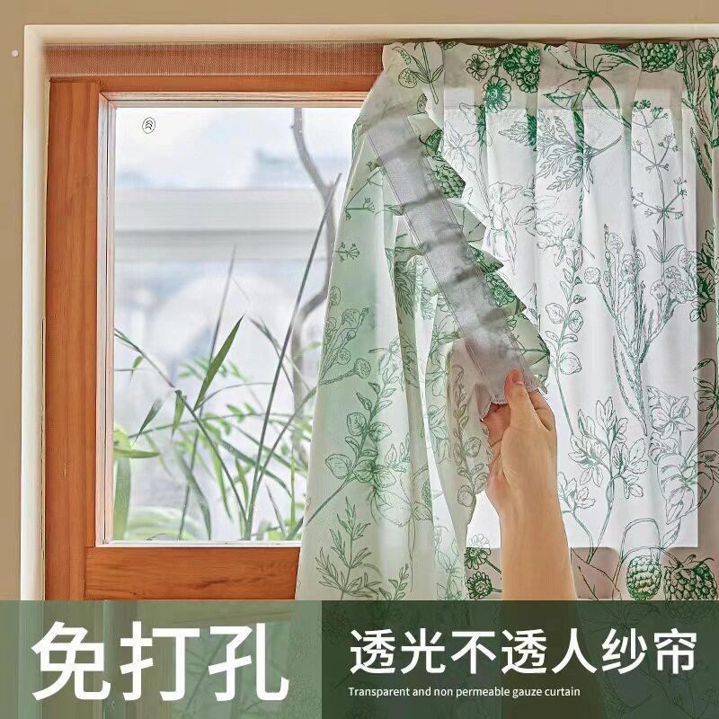 魔术贴窗帘田园风纱帘透光不透人2023新款简易自粘式卧室飘窗纱帘