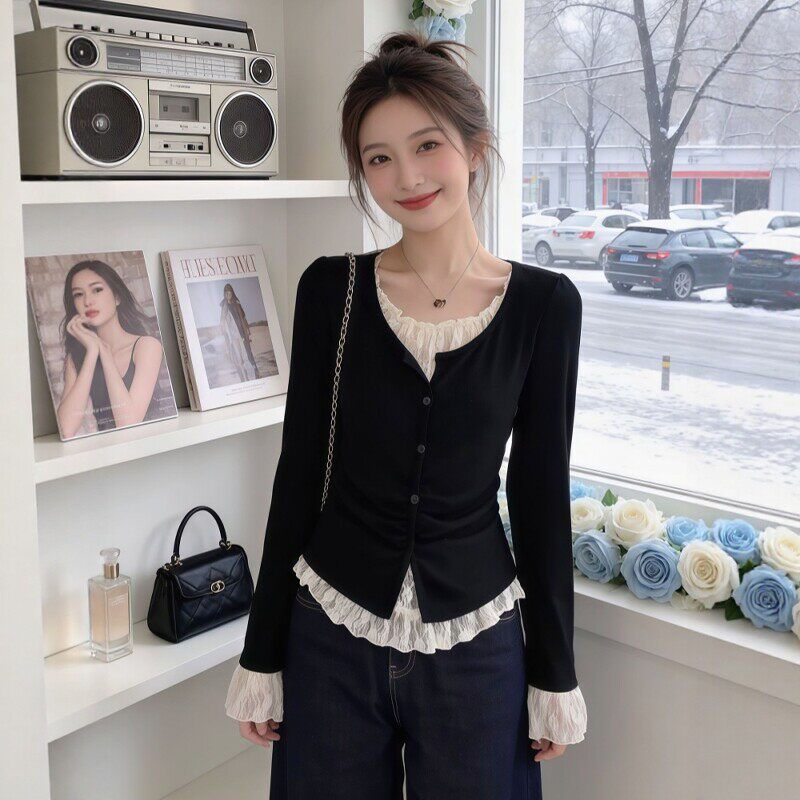 大码女装法式蕾丝假两件长袖t恤2026春季新款黑色内搭打底衫上衣