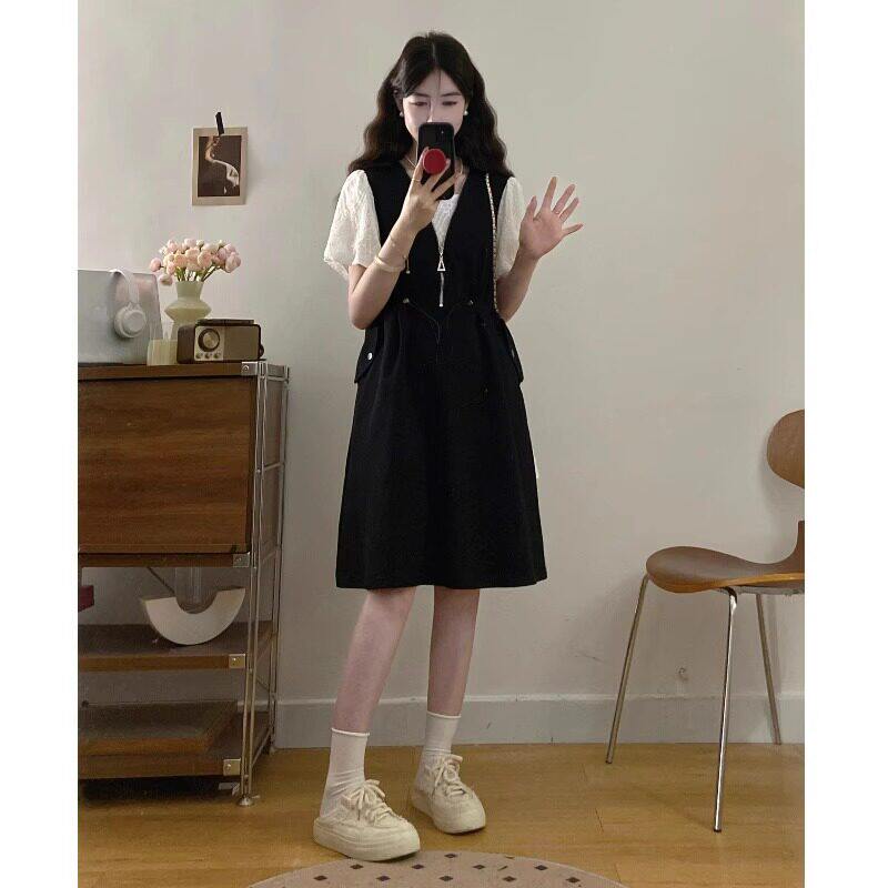 黑色假两件短袖洋装女2025夏季大尺码胖mm显瘦收腰遮肉带口袋裙子